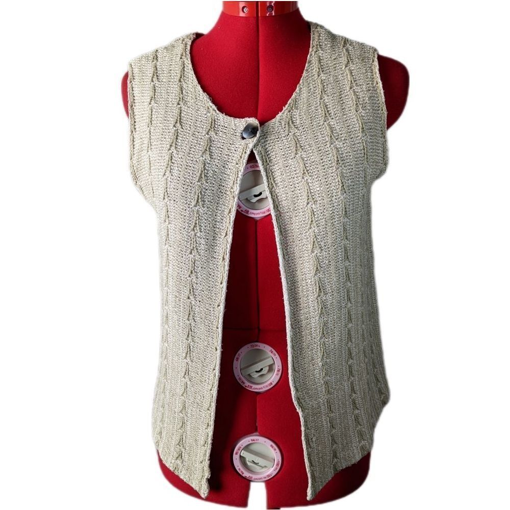 Lagenlook beige cream tan knit one button silk vest Ballinger Gold women's small